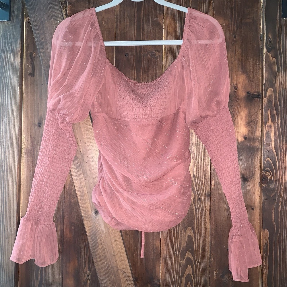 Wayf Women's Blouse S Rust Back Sleeves Ruching LS Bell Gold Thread Accents‎ NWT - Picture 7 of 7